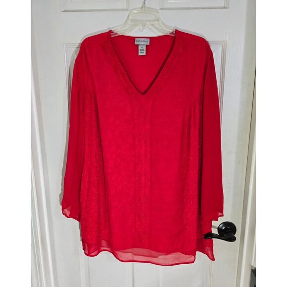 Catherines Womens Red Embroidered V Neck Tunic Blouse Long Sleeve Size 2X NWT - Picture 2 of 13